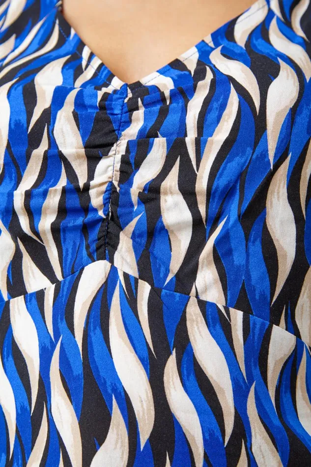 Blue Abstract Print VNeck Ruched Tunic Top Women Roman Tops