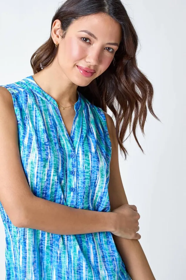 Blue Abstract Stripe Burnout VNeck Pintuck Shirt Women Roman Tops