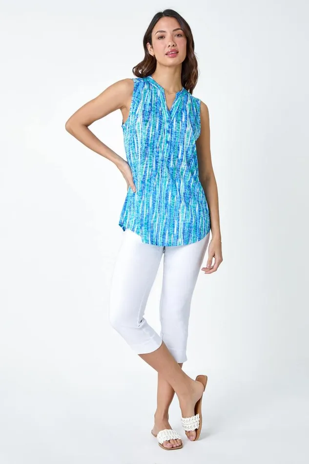 Blue Abstract Stripe Burnout VNeck Pintuck Shirt Women Roman Tops