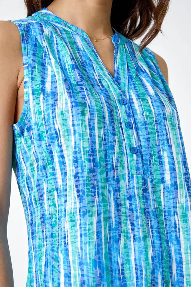 Blue Abstract Stripe Burnout VNeck Pintuck Shirt Women Roman Tops