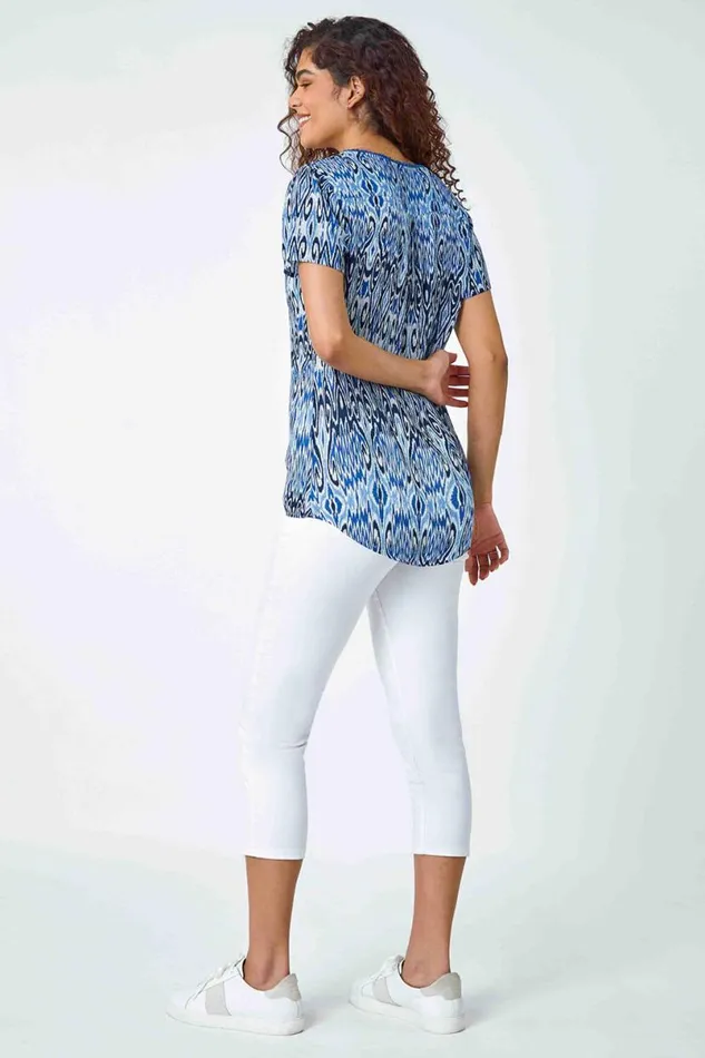 Blue Aztec Print Bobble Trim VNeck TShirt Women Roman Tops