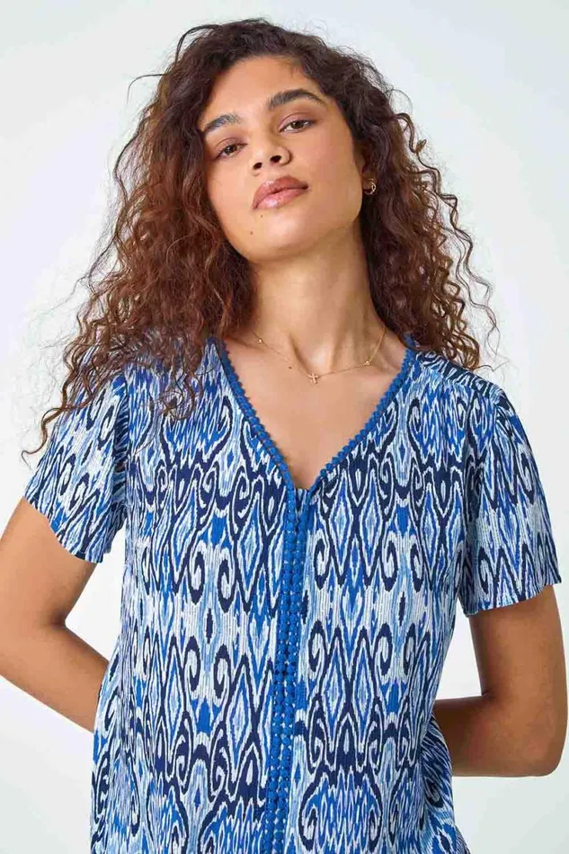 Blue Aztec Print Bobble Trim VNeck TShirt Women Roman Tops