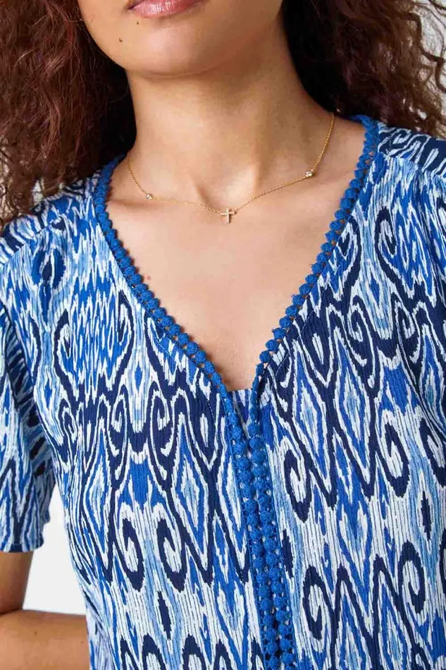 Blue Aztec Print Bobble Trim VNeck TShirt Women Roman Tops
