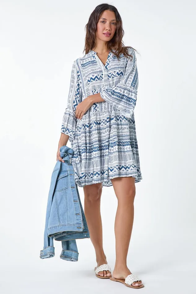 Blue Aztec Print Frill Smock Dress Women Roman Dresses