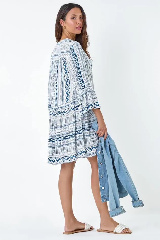 Blue Aztec Print Frill Smock Dress Women Roman Dresses