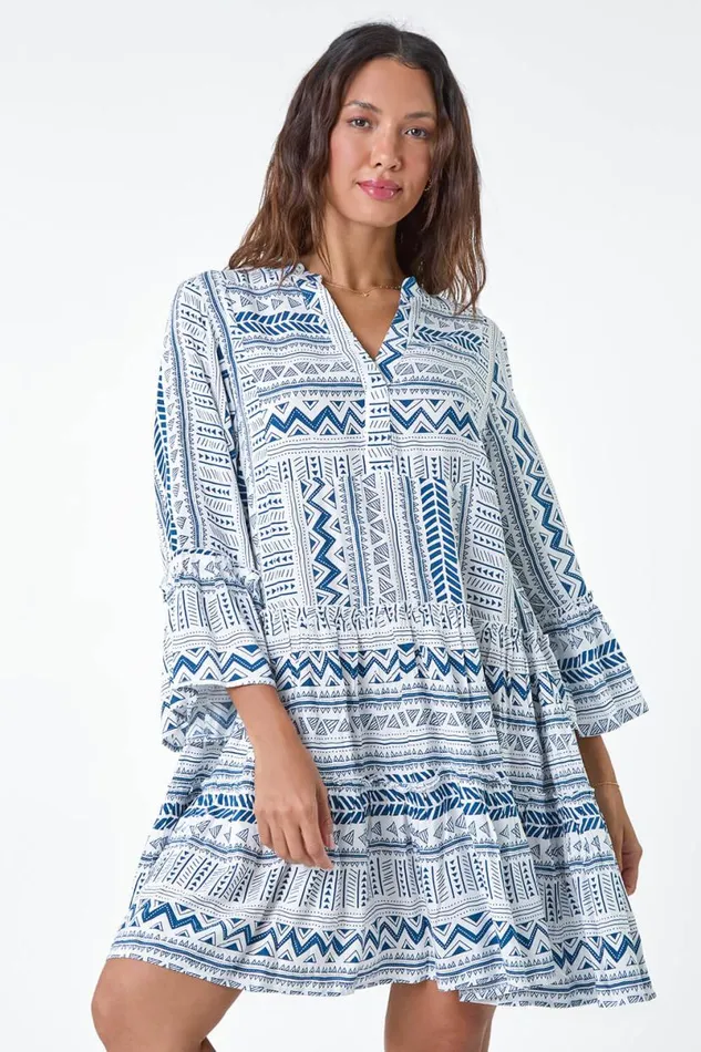 Blue Aztec Print Frill Smock Dress Women Roman Dresses
