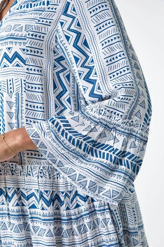 Blue Aztec Print Frill Smock Dress Women Roman Dresses