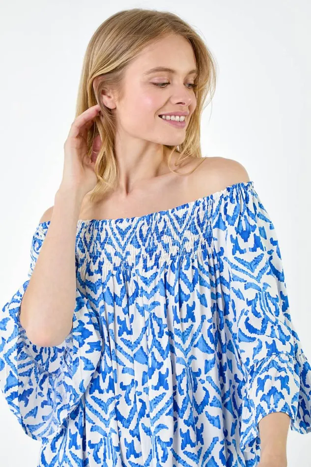 Blue Aztec Print Shirred Stretch Bardot Top Women Roman Tops