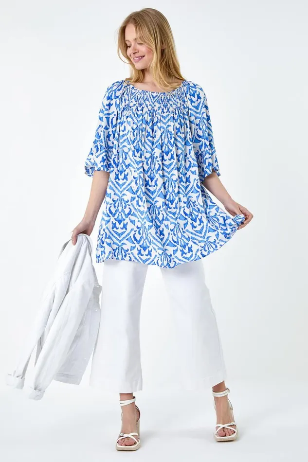 Blue Aztec Print Shirred Stretch Bardot Top Women Roman Tops