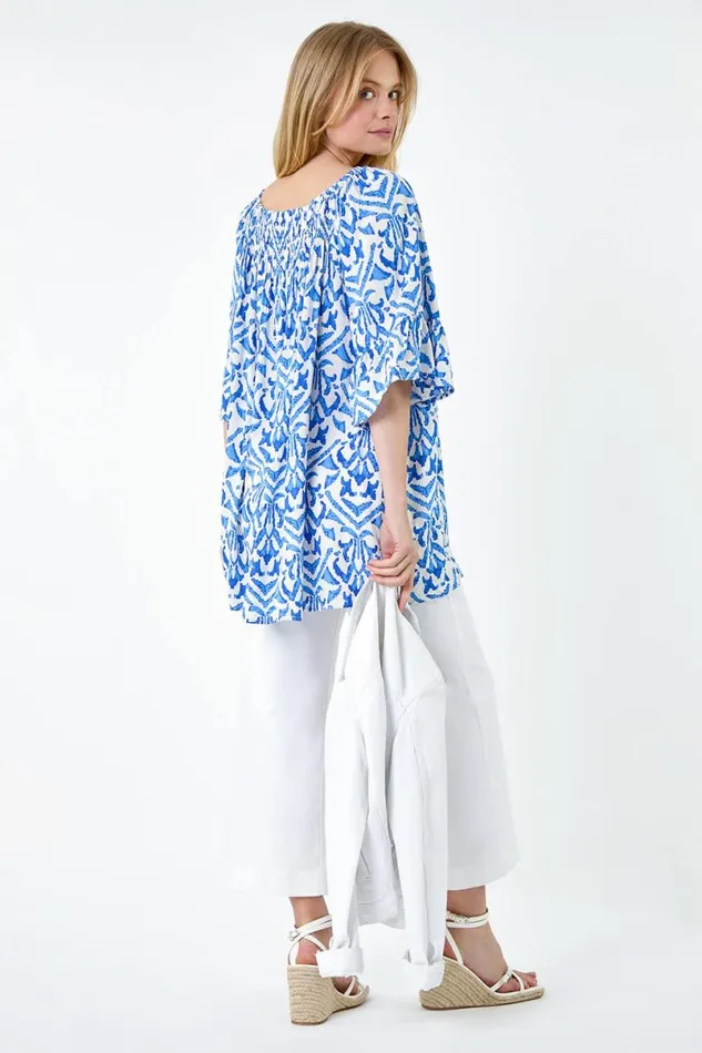 Blue Aztec Print Shirred Stretch Bardot Top Women Roman Tops