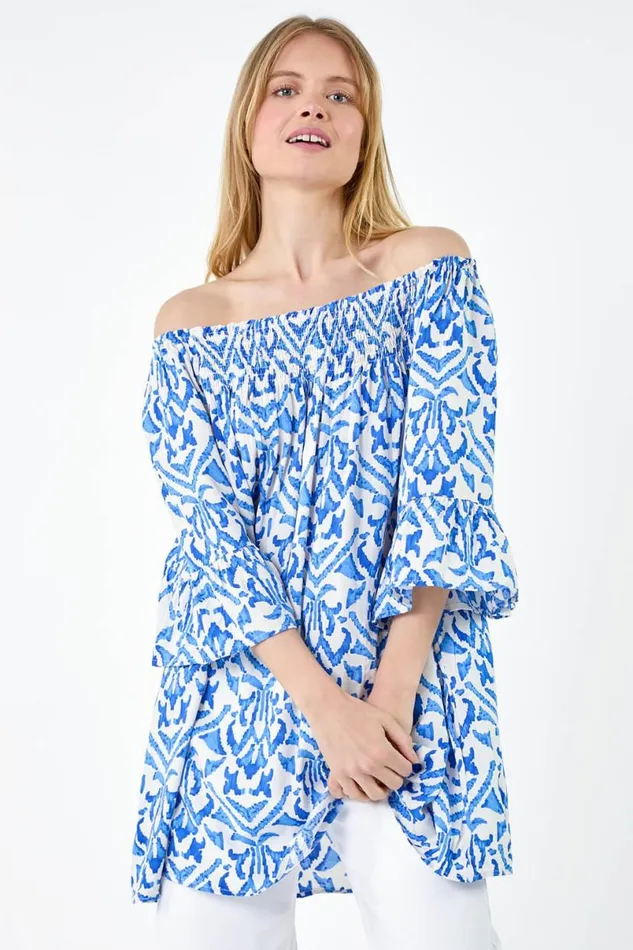 Blue Aztec Print Shirred Stretch Bardot Top Women Roman Tops