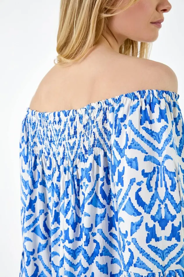 Blue Aztec Print Shirred Stretch Bardot Top Women Roman Tops
