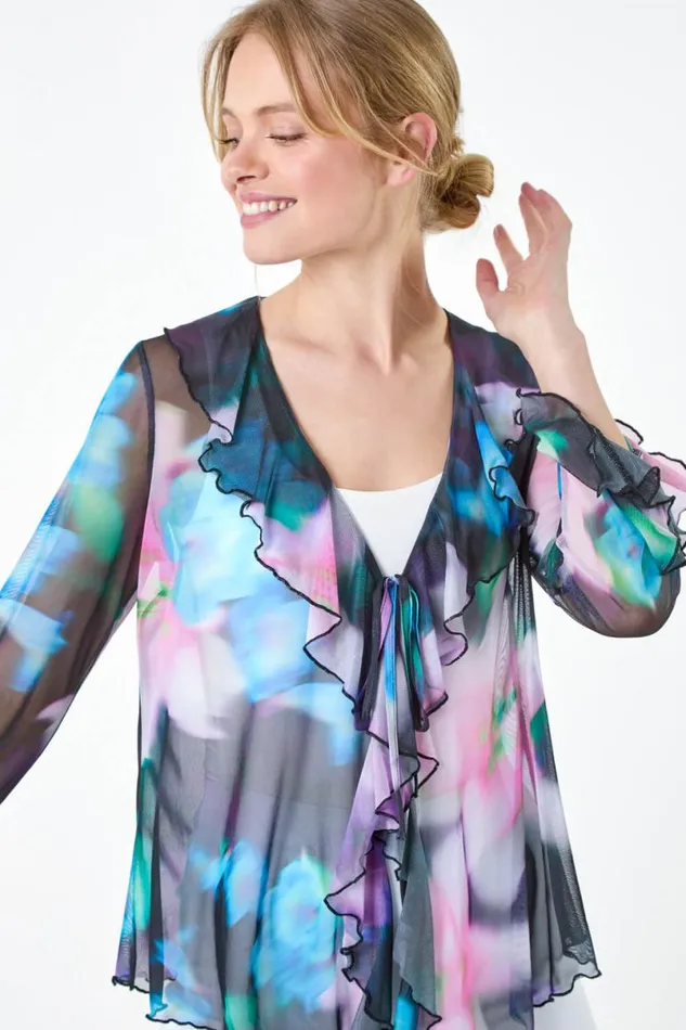 Blue Blurred Floral VNeck Chiffon Mesh Top Women Roman Tops