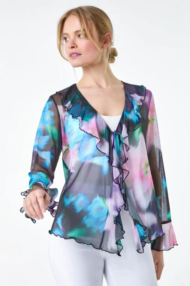 Blue Blurred Floral VNeck Chiffon Mesh Top Women Roman Tops