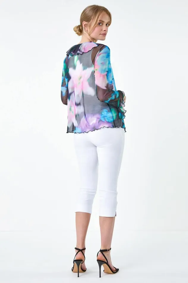 Blue Blurred Floral VNeck Chiffon Mesh Top Women Roman Tops