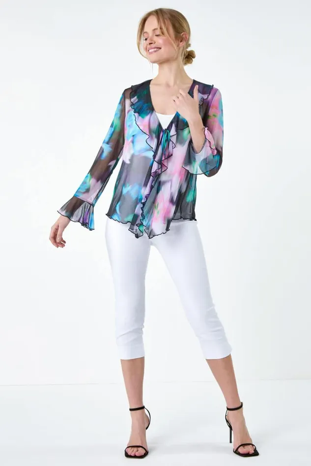 Blue Blurred Floral VNeck Chiffon Mesh Top Women Roman Tops
