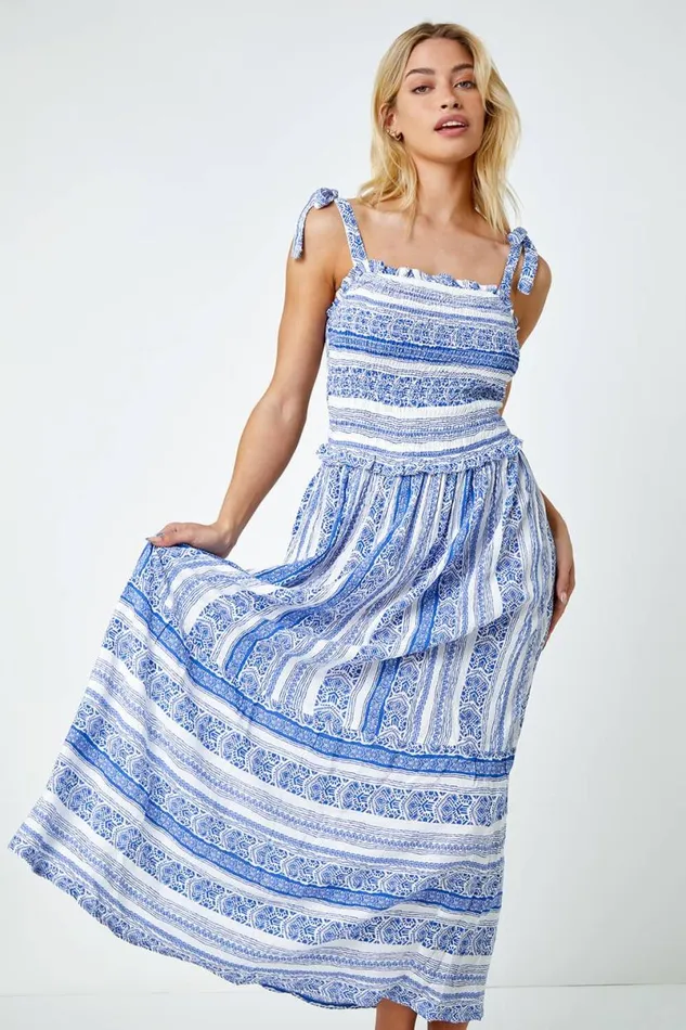 Blue Border Print Shoulder Tie Maxi Dress Women Roman Dresses
