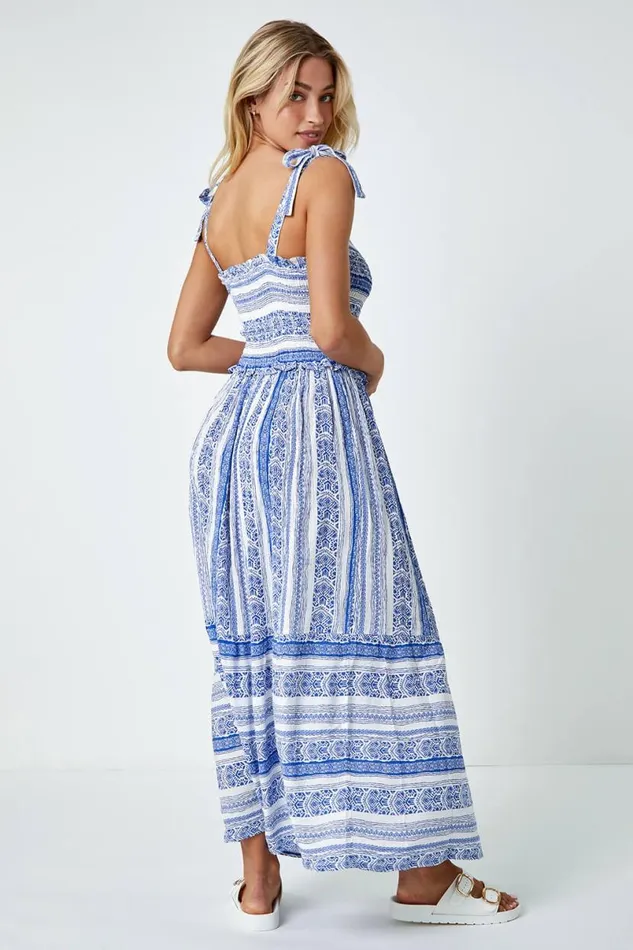 Blue Border Print Shoulder Tie Maxi Dress Women Roman Dresses
