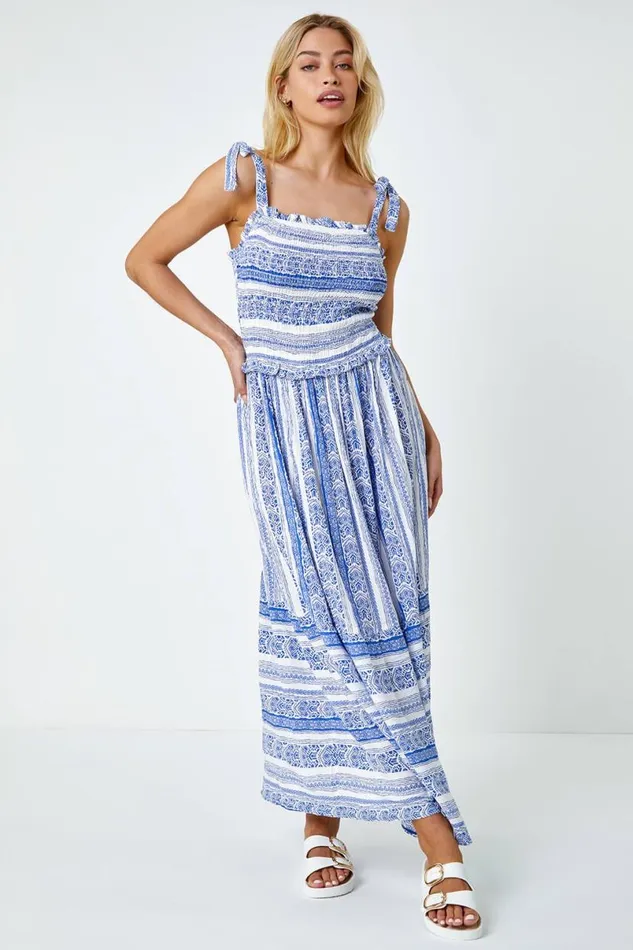 Blue Border Print Shoulder Tie Maxi Dress Women Roman Dresses
