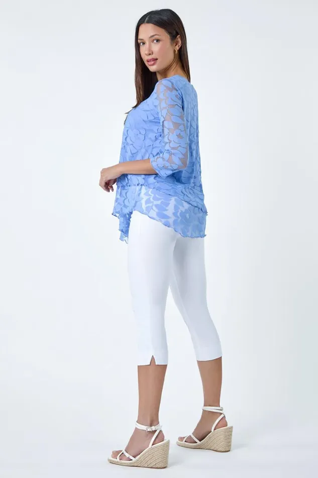 Blue Burnout Leaf Asymmetric Stretch Top Women Roman Tops