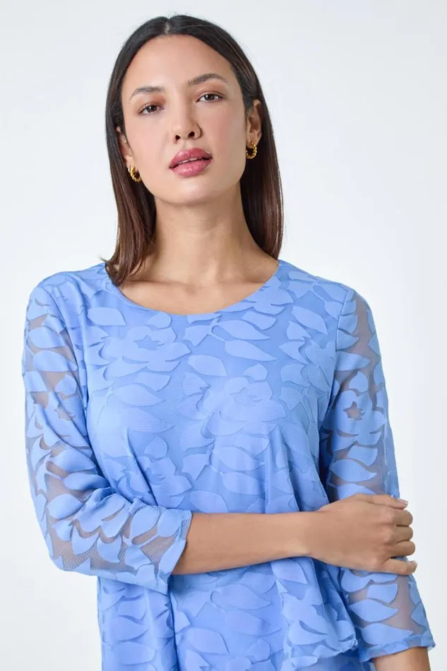 Blue Burnout Leaf Asymmetric Stretch Top Women Roman Tops