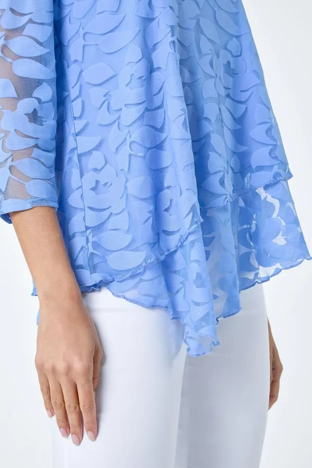 Blue Burnout Leaf Asymmetric Stretch Top Women Roman Tops