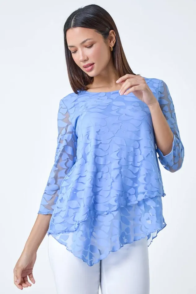 Blue Burnout Leaf Asymmetric Stretch Top Women Roman Tops