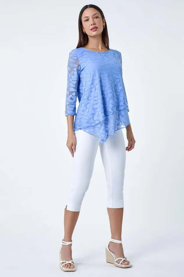 Blue Burnout Leaf Asymmetric Stretch Top Women Roman Tops