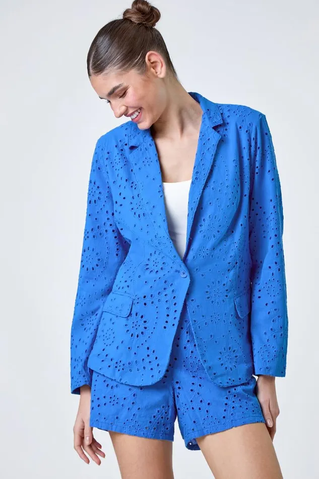 Blue Cotton Broderie Blazer Jacket Women Roman Jackets