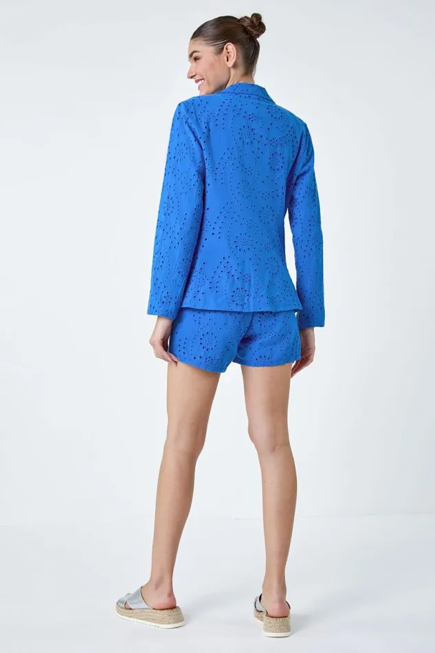 Blue Cotton Broderie Blazer Jacket Women Roman Jackets