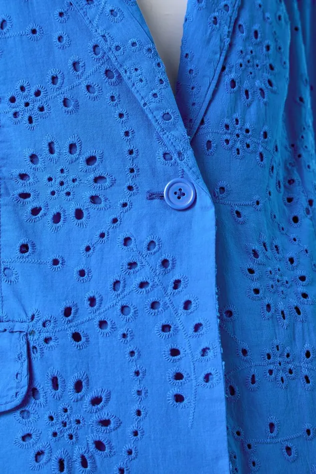 Blue Cotton Broderie Blazer Jacket Women Roman Jackets