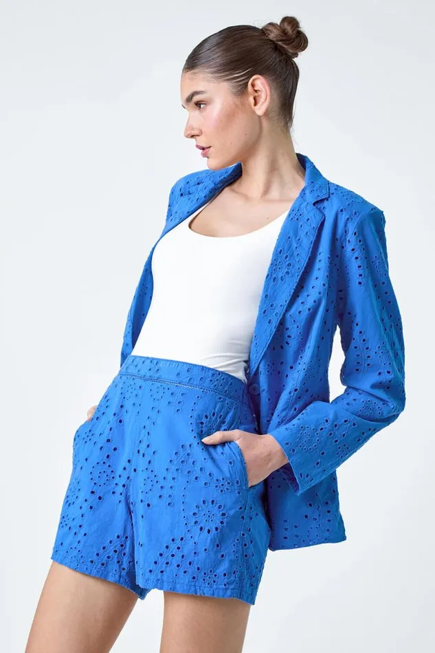 Blue Cotton Broderie Blazer Jacket Women Roman Jackets