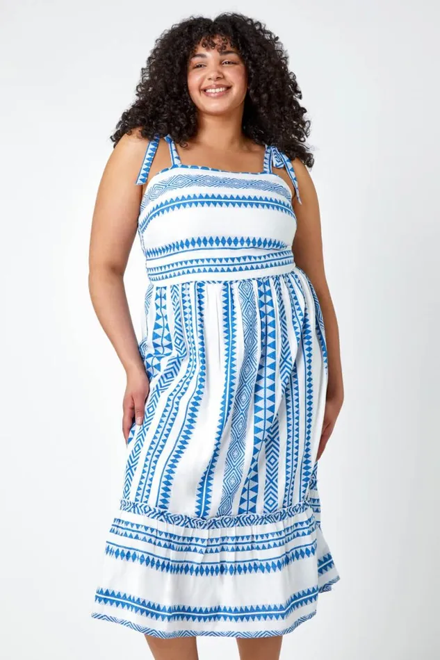 Blue Curve Embroidered Cotton Blend Stretch Dress Women Roman Dresses