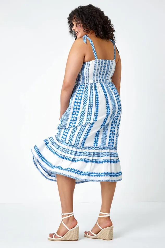 Blue Curve Embroidered Cotton Blend Stretch Dress Women Roman Dresses