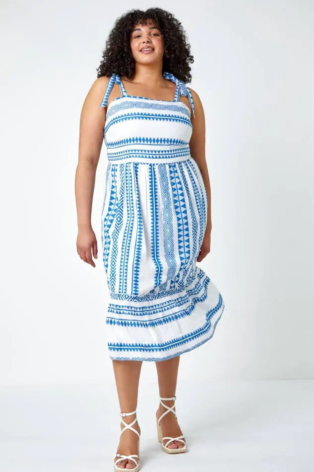 Blue Curve Embroidered Cotton Blend Stretch Dress Women Roman Dresses