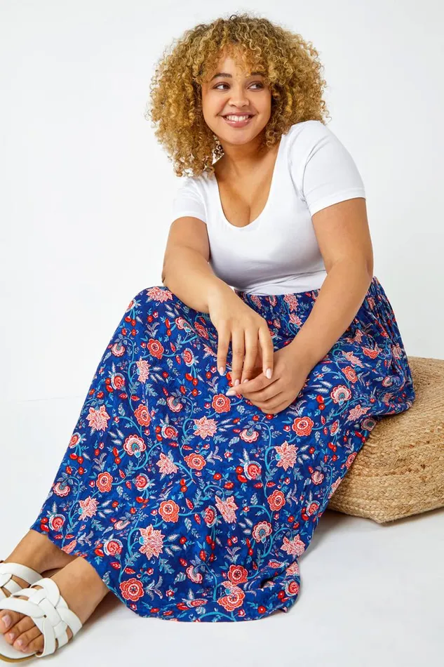 Blue Curve Floral Print Elastic Waist Maxi Skirt Women Roman Skirts