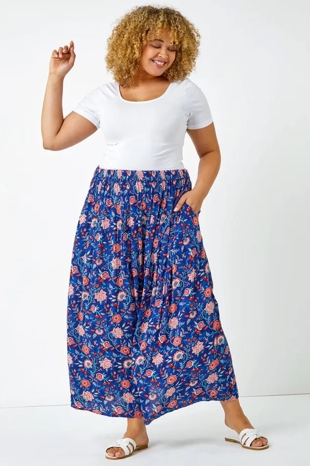 Blue Curve Floral Print Elastic Waist Maxi Skirt Women Roman Skirts