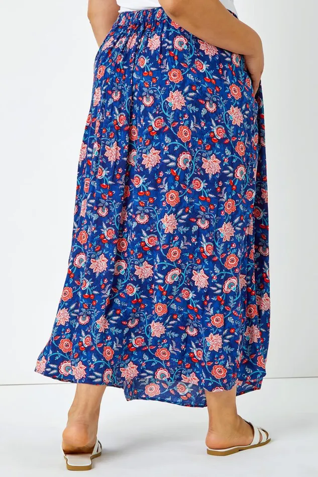 Blue Curve Floral Print Elastic Waist Maxi Skirt Women Roman Skirts