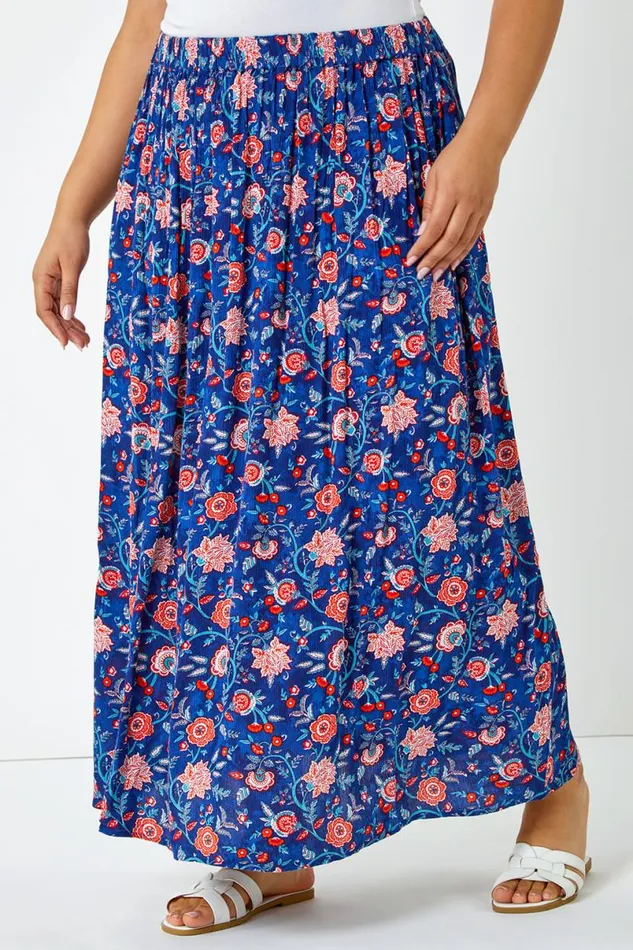 Blue Curve Floral Print Elastic Waist Maxi Skirt Women Roman Skirts