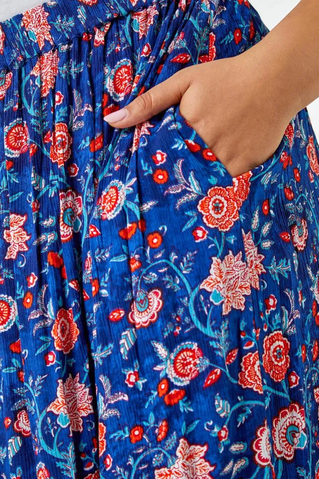 Blue Curve Floral Print Elastic Waist Maxi Skirt Women Roman Skirts