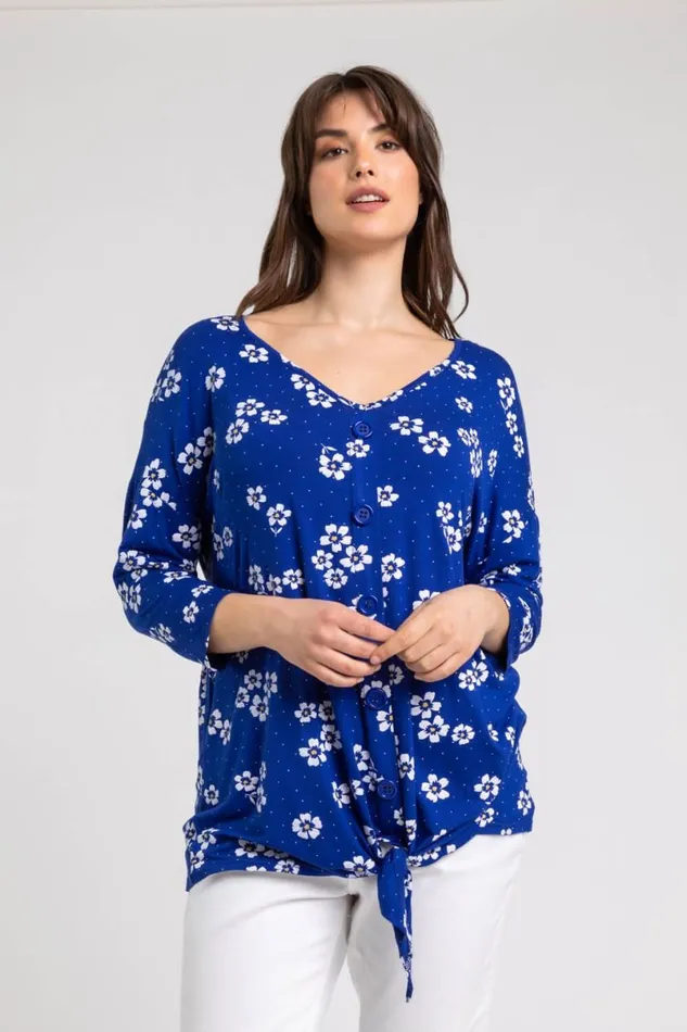 Blue Curve Floral VNeck Button Down Tie Top Women Roman Tops