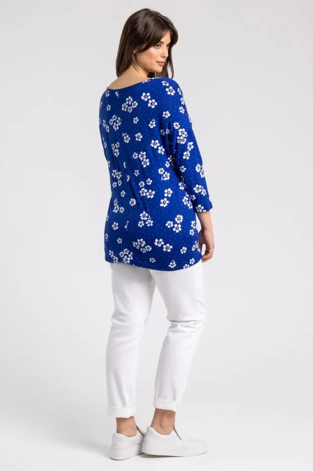 Blue Curve Floral VNeck Button Down Tie Top Women Roman Tops