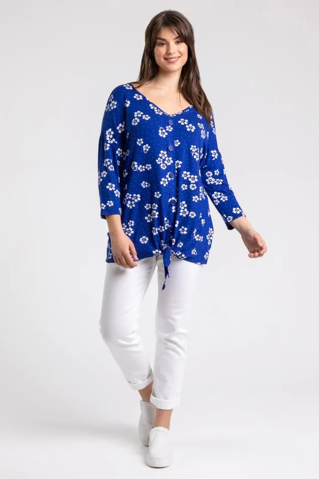 Blue Curve Floral VNeck Button Down Tie Top Women Roman Tops