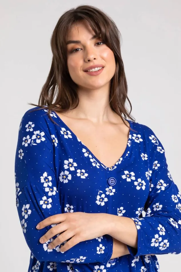 Blue Curve Floral VNeck Button Down Tie Top Women Roman Tops
