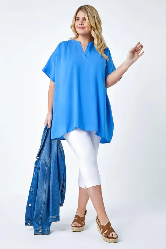 Blue Curve Linen Look VNeck Longline Top Women Roman Tops