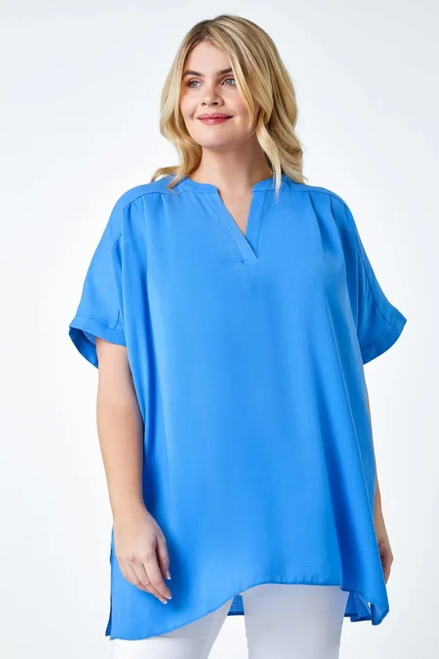 Blue Curve Linen Look VNeck Longline Top Women Roman Tops