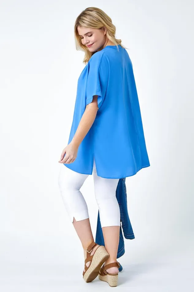 Blue Curve Linen Look VNeck Longline Top Women Roman Tops