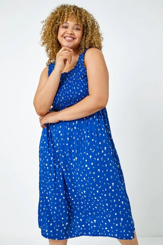 Blue Curve Shirred Frill Detail Midi Dress Women Roman Dresses