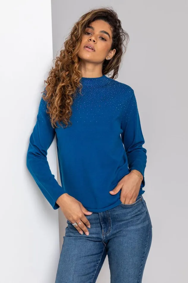 Blue Diamante Long Sleeve Jumper Women Roman Knitwear