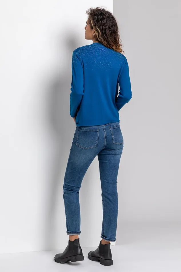 Blue Diamante Long Sleeve Jumper Women Roman Knitwear